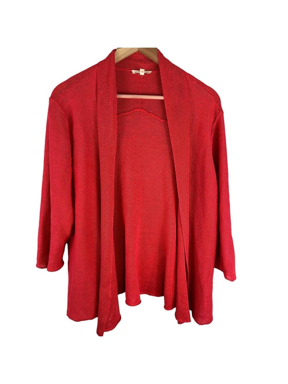 Eileen Fisher Open Front Cardigan Lightweight Sweater Hemp Knit Large Red Pink